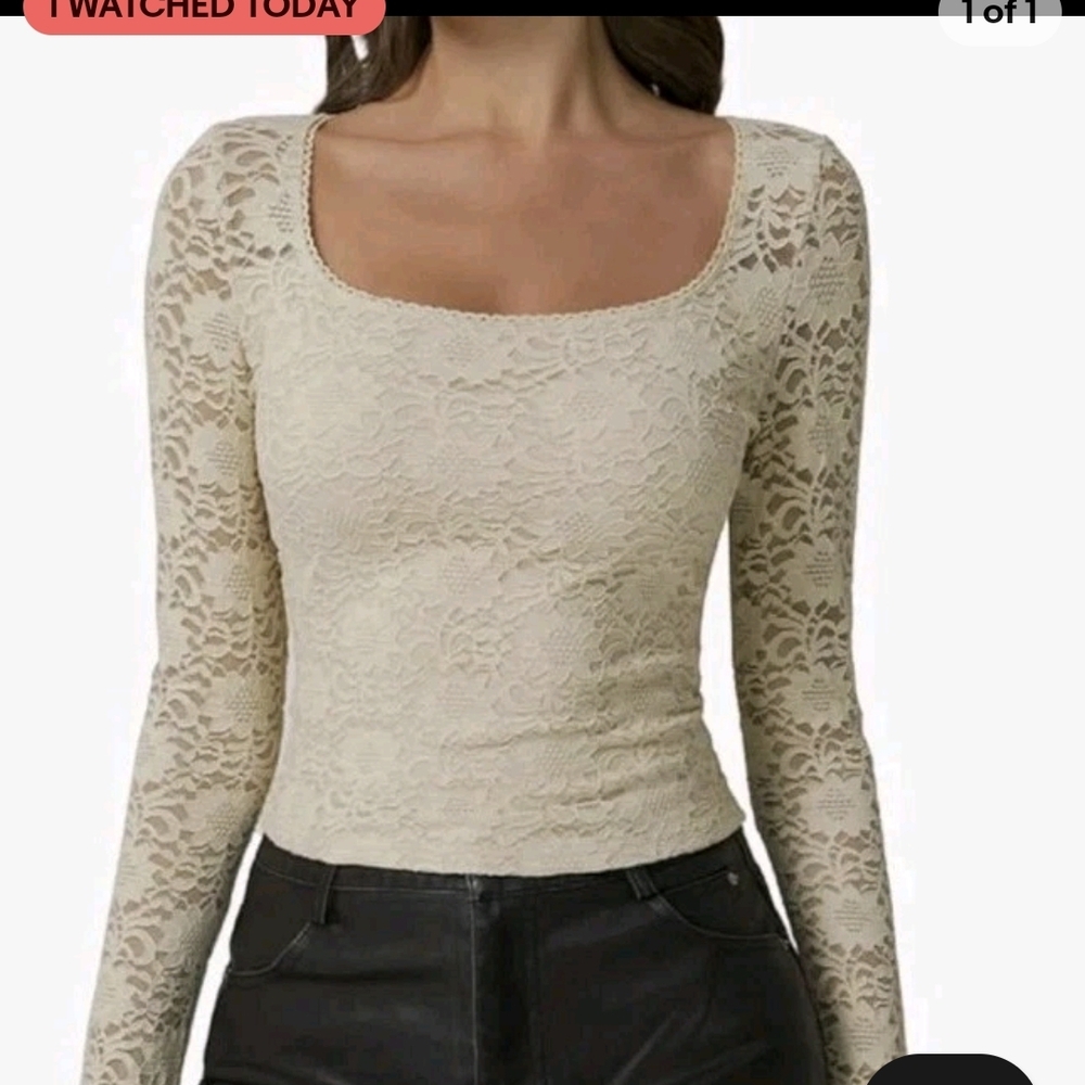 Women's Cream Lace Scoop-Neck Long Sleeve Top